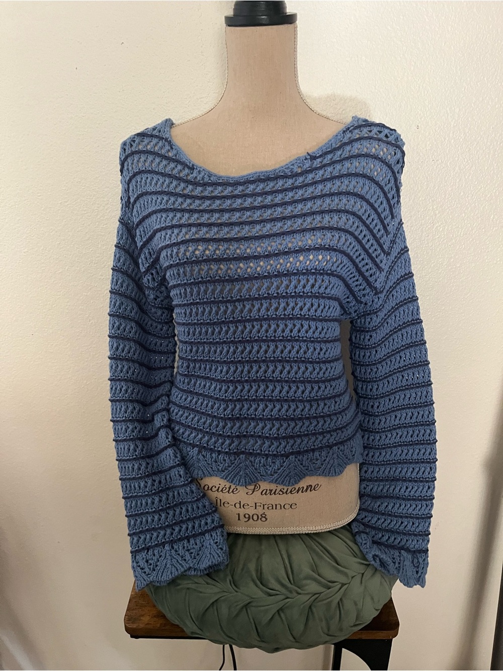 American Eagle Outfitters Blue Crocheted Scoop-Neck Sweater